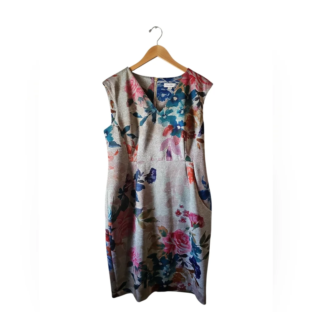Calvin Klein Floral V-Neck Sleeveless Scuba Sheath Dress Sz 14 Gray - Picture 2 of 7